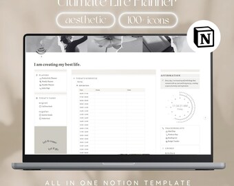 Notion Template Aesthetic Life Planner, Notion Planner, Notion Template, That Girl Notion Dashboard, That Girl Digital Planner, Notion Icons
