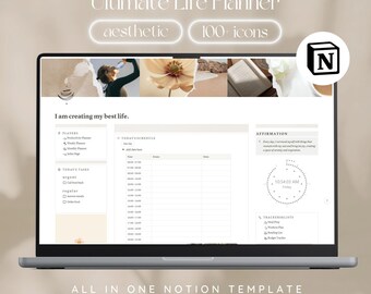 Notion Template Aesthetic Life Planner, Notion Planner, Notion Template, That Girl Notion Dashboard, That Girl Digital Planner, Notion Icons