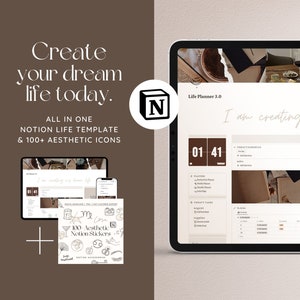 Notion Template Aesthetic Life Planner, Notion Planner, Notion Template, That Girl Notion Dashboard, That Girl Digital Planner, Notion Icons