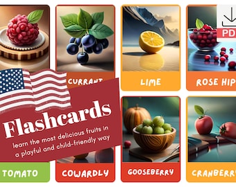 FRUTAS • 30 cartões Montessori • FlashCards Cartões para impressão em PDF Brinquedos pré-escolares Flashcard