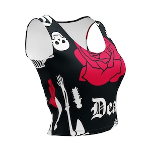 Crop Top gothique fait à la main avec rose et crâne, T-shirt squelette