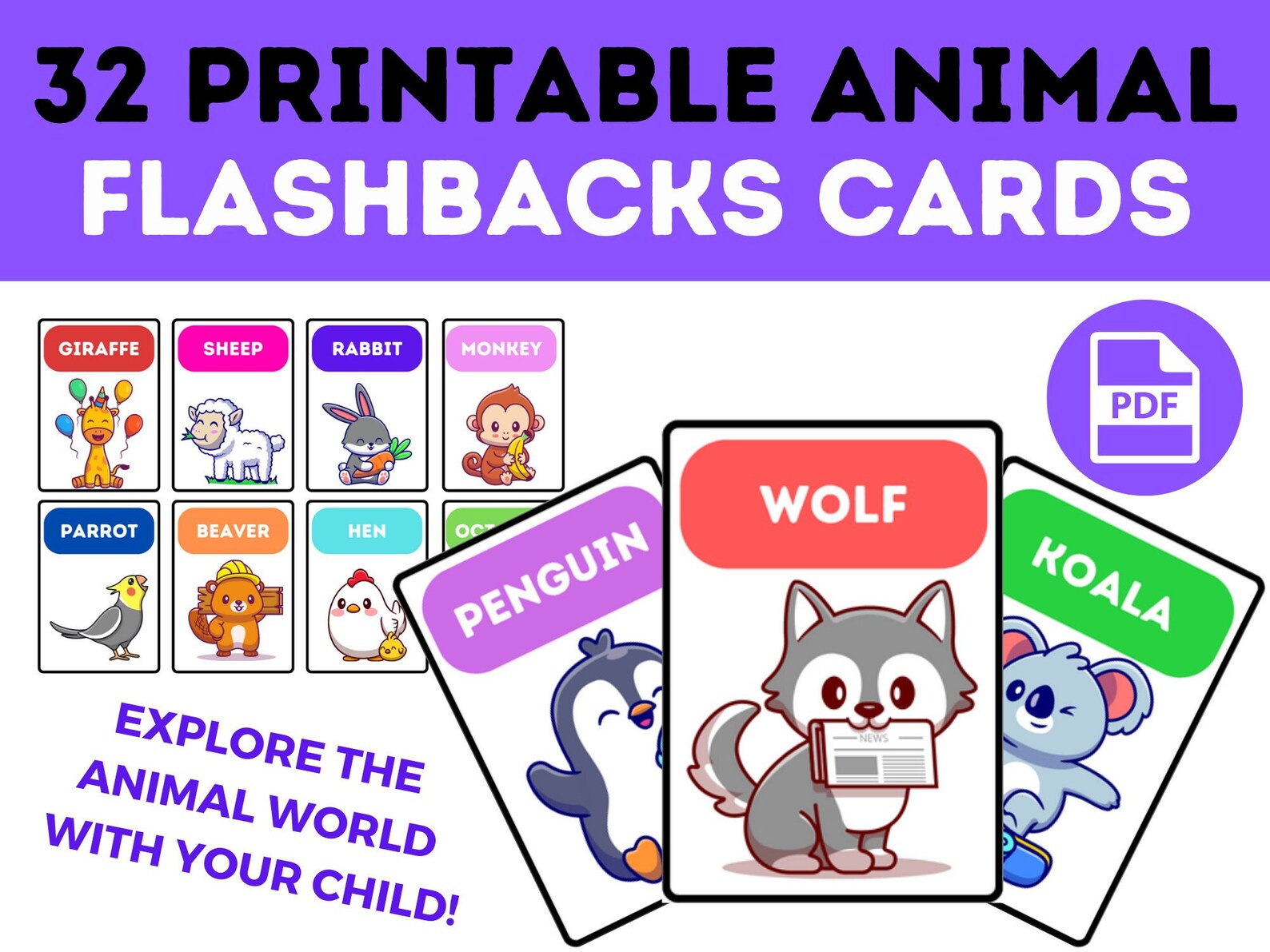 32 Printable Animals Learning Flashcards for Kids Montessori, Learn ...
