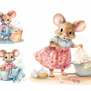 Paquete de imágenes prediseñadas digitales de ratón de limpieza, JPG de alta calidad, imágenes prediseñadas de ratón de acuarela para arte de pared de baby shower, imágenes prediseñadas de limpieza, imágenes prediseñadas de jabón