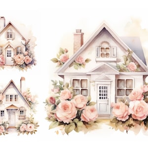 Różowy kwiatowy dom Clipart, wysokiej jakości pliki JPG, zestaw Blush Roses House Clipart, cyfrowy planer, scrapbooking, zestaw akwarelowych domków Clipart