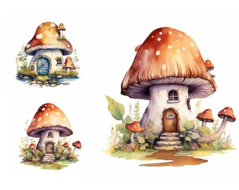 Watercolor Mushroom House Clipart Bundle 9 High Quality JPGs, Mushroom House Clipart, Clipart JPGs, Magical Mushroom House, Commercial Use