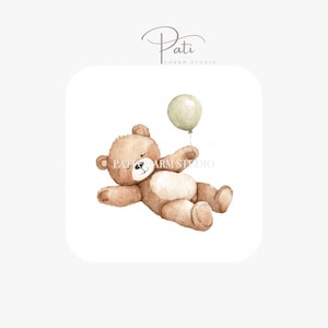 May include: Watercolor illustration of a brown teddy bear holding a light green balloon. The bear is lying down with a smiling expression. The image has the text "Pati Charm Studio" and "THANK YOU SO MUCH FOR YOUR PURCHASE".