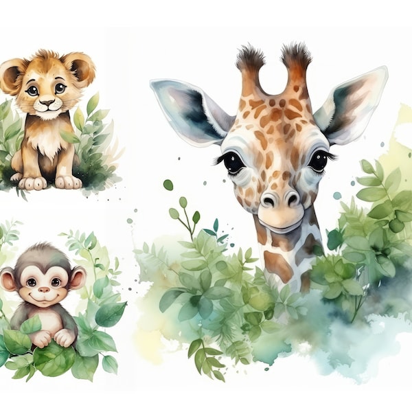 Watercolor Jungle Animals Clipart Bundle, High Quality JPGs, Nursery Jungle Clipart, Animals in Leaves Clip Art, Baby Shower Invitation Art