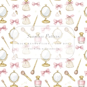 Könnte beinhalten: Nahtloses Muster mit Aquarellillustrationen von Schminkspiegeln, Parfümflaschen, Make-up-Pinseln und rosa Schleifen auf weißem Hintergrund. Das Design enthält den Text "Seamless Pattern" und "High Resolution 300 DPI".
