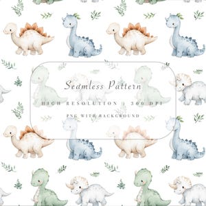 May include: A seamless pattern featuring watercolor illustrations of various dinosaurs in soft pastel colors. The design includes blue, beige, and green dinosaurs, along with green leaf accents, all set against a white background. Text reads "Seamless Pattern".
