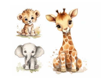 Clipart di animali della giungla, JPG di alta qualità, clipart di animali Safari dell'acquerello per invito baby shower, arredamento della scuola materna, immagini di animali carini