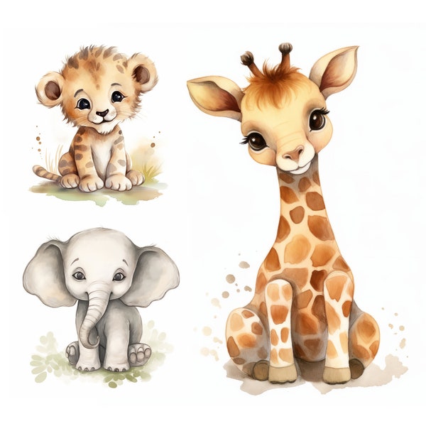 Jungle Baby Animals Clipart, High Quality JPGs, Watercolor Safari Animals Clipart for Baby Shower Invite, Nursery Decor, Cute Animals Images