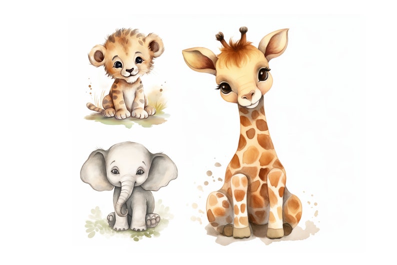 Jungle Baby Animals Clipart, High Quality JPGs, Watercolor Safari Animals Clipart for Baby Shower Invite, Nursery Decor, Cute Animals Images image 1