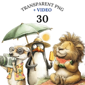 May include: An illustration featuring a meerkat with a camera, a penguin with an umbrella, and a lion eating watermelon. The image includes the text "TRANSPARENT PNG + VIDEO" and the number "30". The characters are enjoying a sunny day.