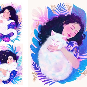 Girl and Cat Clipart Bundle, Watercolor Girl Clipart, White Cat Clipart, High Quality JPGs, Digital Download, Junk Journal, Scrapbook Images