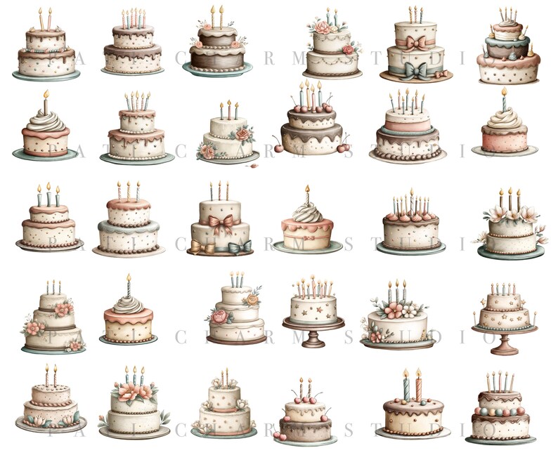 30 Birthday Cake Clipart Set, Watercolor PNG Cakes With Candles ...
