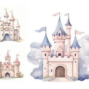Paquete de imágenes prediseñadas de castillo pastel de acuarela, 9 JPG de alta calidad, imágenes prediseñadas de niña, imágenes prediseñadas de castillo de princesa para invitación de baby shower, arte de guardería