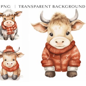 Winter Cute Bull Clipart Bundle, 9 High Quality PNGs, Bull Clipart, Watercolor Cow Clipart, Christmas Animal Character Clipart, Baby Decor