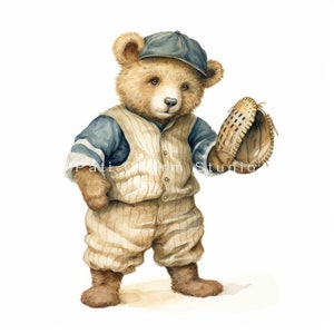 May include: A brown teddy bear wearing a baseball uniform with a blue and white striped shirt, tan trousers, and a blue baseball cap. The bear is holding a brown leather baseball glove.