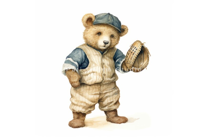 May include: A brown teddy bear wearing a baseball uniform with a blue and white striped shirt, tan trousers, and a blue baseball cap. The bear is holding a brown leather baseball glove.