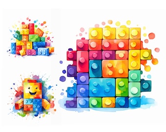 Watercolor Building Bricks Clipart Pack, 9 High Quality JPGs, Brick Block Clipart, Children Clipart, Nursery Clipart, Watercolor Toy Clipart