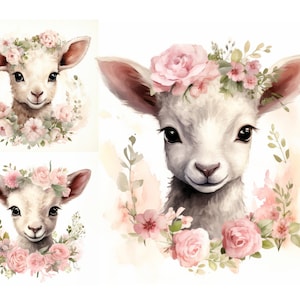 Easter Baby Lamb Clipart Bundle, High Quality JPG, Floral Lamb Clipart, Watercolor Easter Clipart, Digital Prints, Junk Journal, Nursery Art