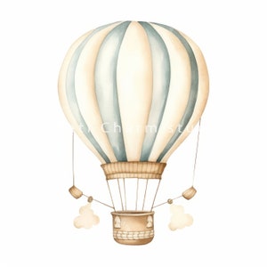 May include: A watercolor illustration of a hot air balloon with blue and beige stripes. The balloon has a brown wicker basket and is surrounded by white clouds.