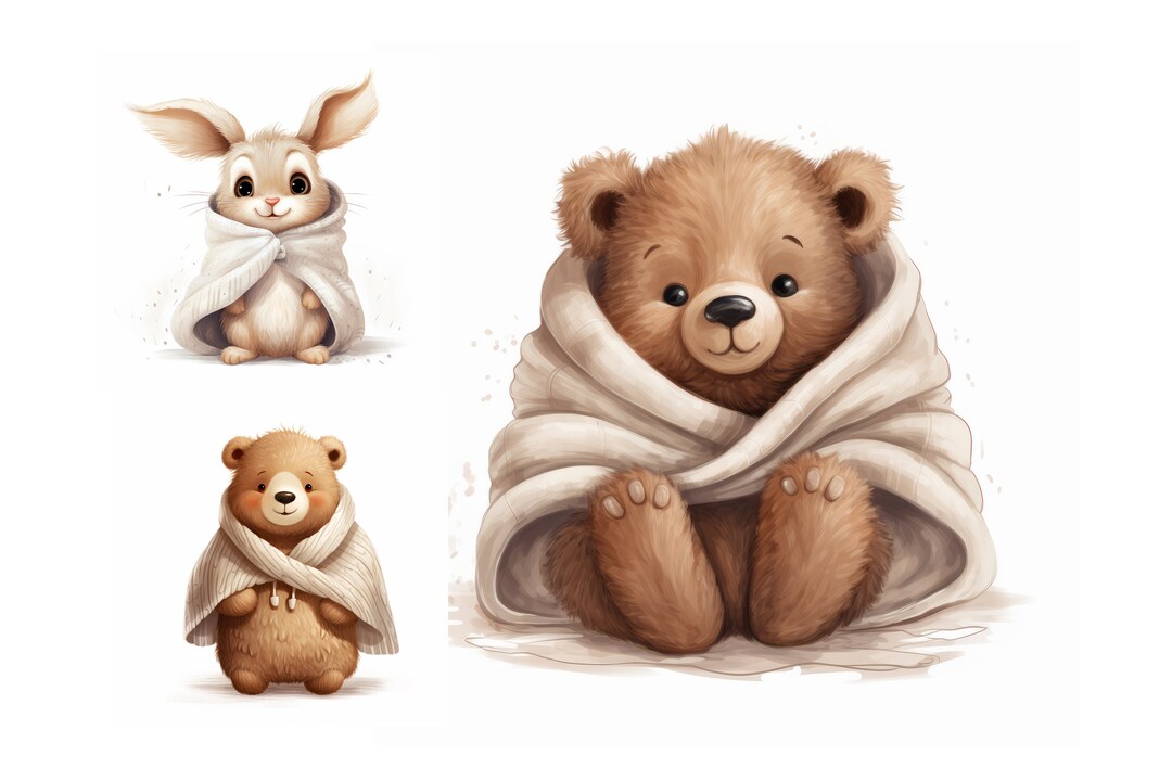 Cute Animals in Blanket Clipart Bundle 9 High Quality Jpgs, Commercial