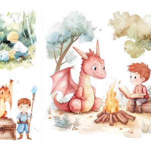 Paquete de imágenes prediseñadas de bebé dragón, imágenes prediseñadas de fantasía de acuarela, arte de pared para guardería, archivos JPG de alta calidad, imágenes prediseñadas del reino, dragón lindo, mapa del tesoro
