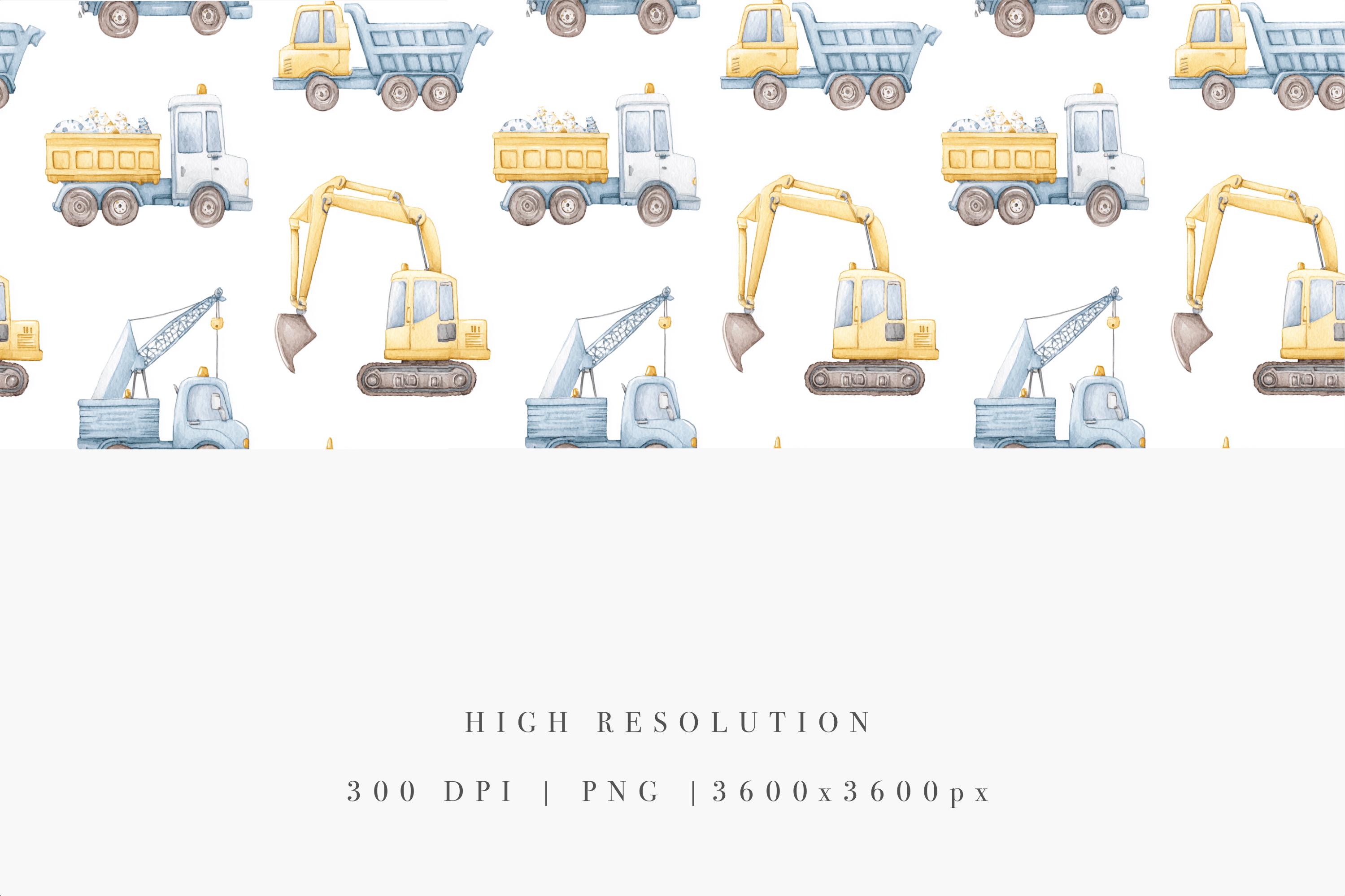 Construction Vehicles Seamless Pattern PNG - Watercolor Trucks, Diggers ...