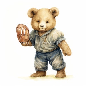 May include: A brown teddy bear wearing a blue baseball uniform and holding a brown leather baseball glove. The bear is standing on a light brown surface.