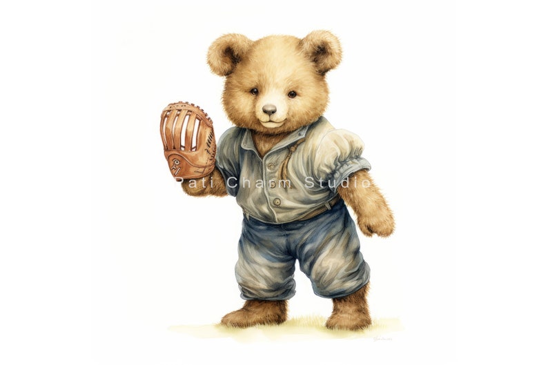 May include: A brown teddy bear wearing a blue baseball uniform and holding a brown leather baseball glove. The bear is standing on a light brown surface.