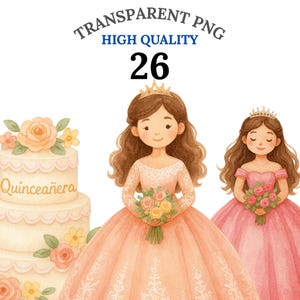 26 Quinceañera Clipart PNG Bundle, Quinceañera Dress Crown Cake Party Clipart, Princess Mexican Prom Art, Fast Download, Commercial Use