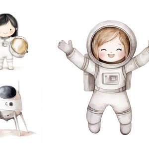 Space Watercolor Clipart Bundle, Cute Astronaut Clip Art, Baby Shower Decor, Rocket Clipart, Planets Ship Clipart, Nursery Wall Art, Digital