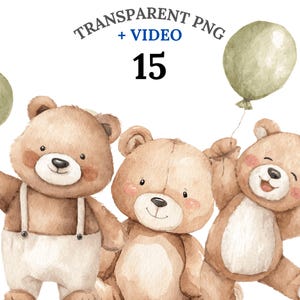 15 Watercolor Teddy Bear with Green Balloon Clipart PNG, Cute Baby Bear Nursery Clipart, Watercolor Bear Illustrations, Baby Shower, Digital