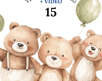 15 Watercolor Teddy Bear with Green Balloon Clipart PNG, Cute Baby Bear Nursery Clipart, Watercolor Bear Illustrations, Baby Shower, Digital
