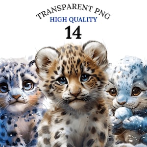 May include: A digital illustration of three adorable snow leopard cubs with blue eyes. The central cub has a tan and brown spotted coat, while the others have blue and white fur. The image includes the text "TRANSPARENT PNG HIGH QUALITY 14".