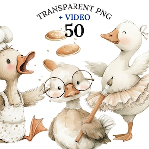 50 Silly Goose Clipart Set, Cute Goose PNGs, Watercolor Cottagecore Coquette Art, Summer Clipart for Nursery Decor + Bonus Video