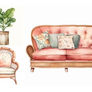 Boho Home Decor Clipart, High Resolution JPG, Watercolor Furniture Clipart Bundle, Bohemian Wall Art, Houseplants Clipart, Bohemian Decor