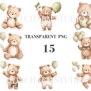 May include: Watercolor illustrations of adorable teddy bears in various poses. Each bear is a warm brown color and holds a green balloon or sprig of leaves. The image includes the text "TRANSPARENT PNG" and the number "15".