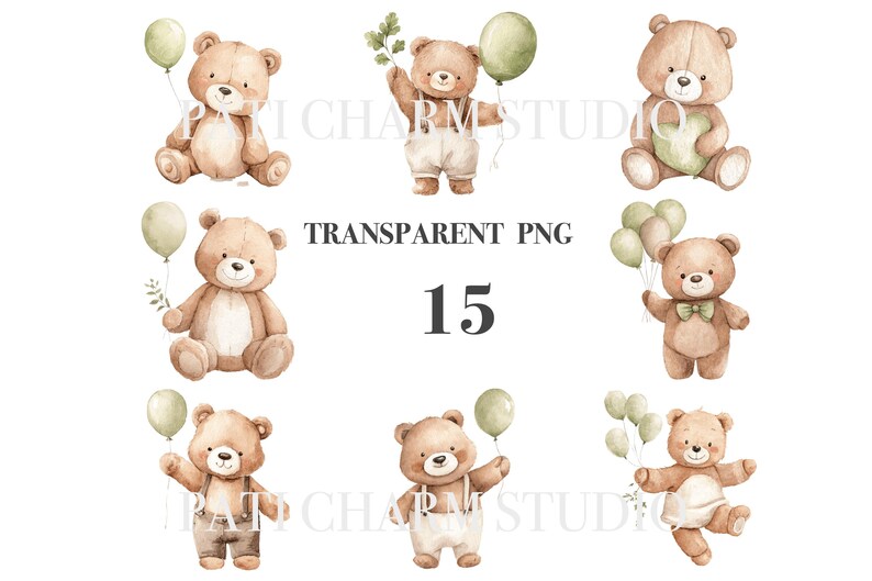 May include: Watercolor illustrations of adorable teddy bears in various poses. Each bear is a warm brown color and holds a green balloon or sprig of leaves. The image includes the text "TRANSPARENT PNG" and the number "15".