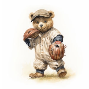 May include: A brown teddy bear wearing a baseball uniform and a cap, holding two baseball mitts. The bear is walking and looking at the camera.