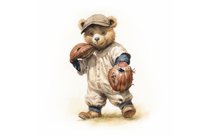 May include: A brown teddy bear wearing a baseball uniform and a cap, holding two baseball mitts. The bear is walking and looking at the camera.