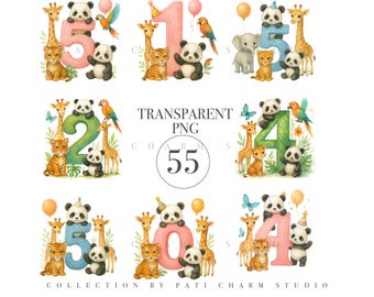 55 PNG Safari Geburtstagszahlen - Dschungel Tiere Clipart 0-9, Safari Tiere Clipart, Aquarell Zootiere, Geburtstagseinladung PNG