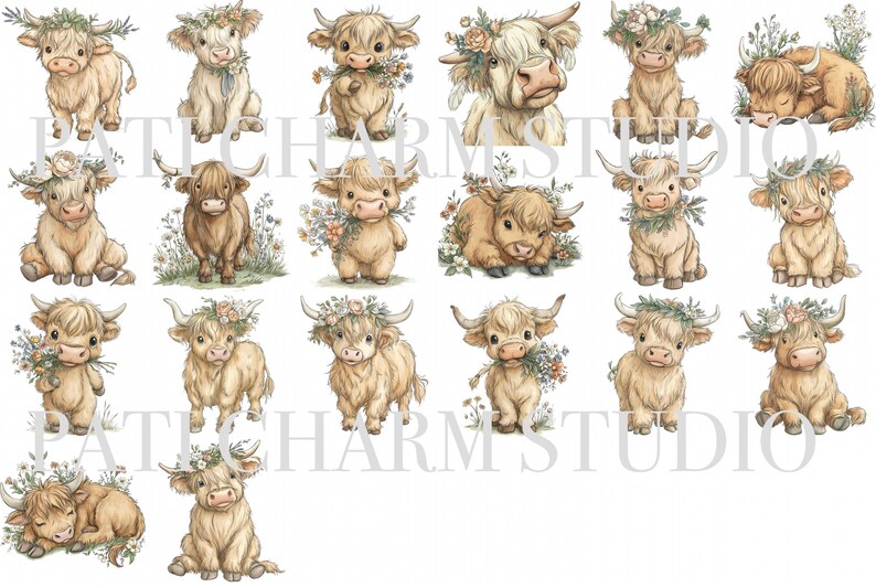 20 Highland Cow PNG Clipart Bundle, Floral Watercolor Farm Animal, Cute ...