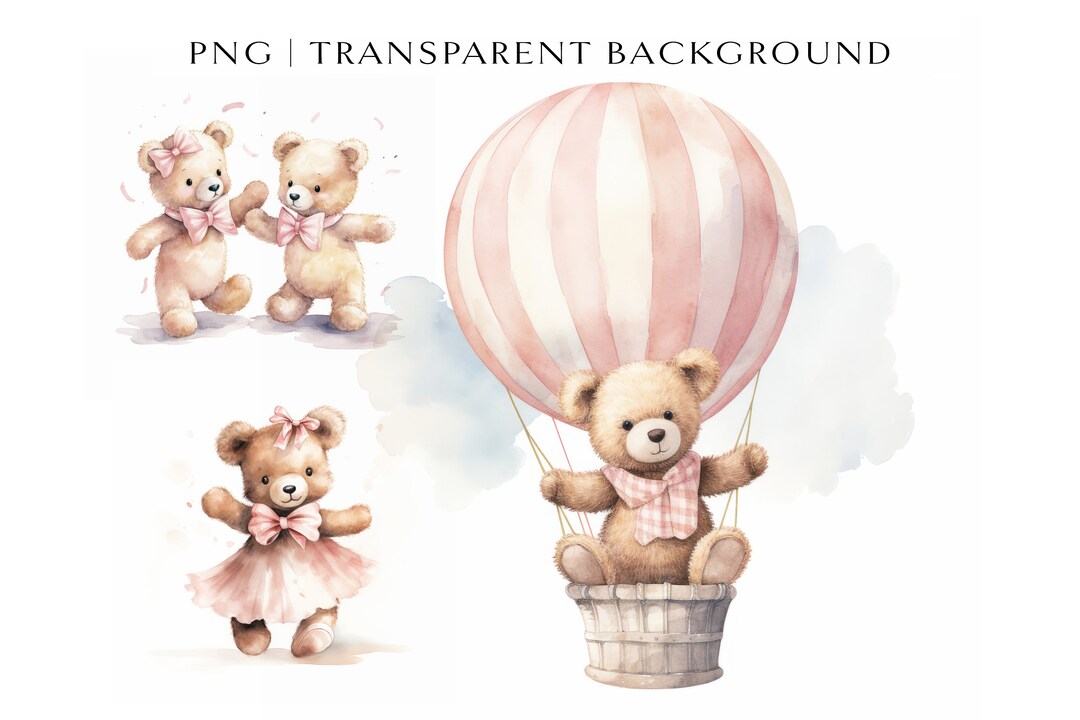 Buy Watercolor Teddy Bear Clipart PNG for Girl Pink Baby Shower Clipart ...