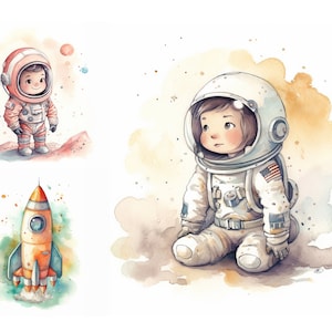 Space Watercolor Clipart Bundle, Cute Astronaut Clip Art, Baby Shower Decor, Rocket Clipart, Planets Ship Clipart, Nursery Wall Art, Digital