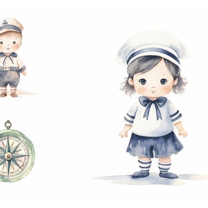 Aquarell Sailor Clipart Bundle, digitaler Download, hochwertige JPGs, Junk Journal, Scrapbook Bilder, Kinderzimmer Clipart, Kompass Karte Clipart