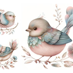 Paquete de imágenes prediseñadas de pájaro de primavera, Imágenes prediseñadas de pájaro de acuarela, JPG de alta calidad, Descarga digital, Decoración imprimible, Invitación de baby shower, Decoración de primavera