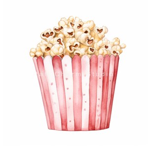 K&ouml;nnte beinhalten: Ein roter und wei&szlig; gestreifter Papier-Popcorn-Eimer gef&uuml;llt mit wei&szlig;em Popcorn. Das Popcorn ist hellgelb mit braunen Kernen.