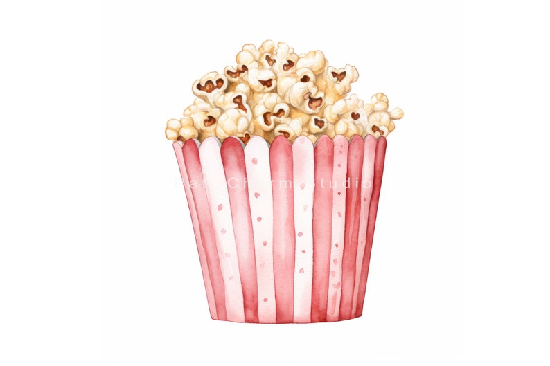 K&ouml;nnte beinhalten: Ein roter und wei&szlig; gestreifter Papier-Popcorn-Eimer gef&uuml;llt mit wei&szlig;em Popcorn. Das Popcorn ist hellgelb mit braunen Kernen.